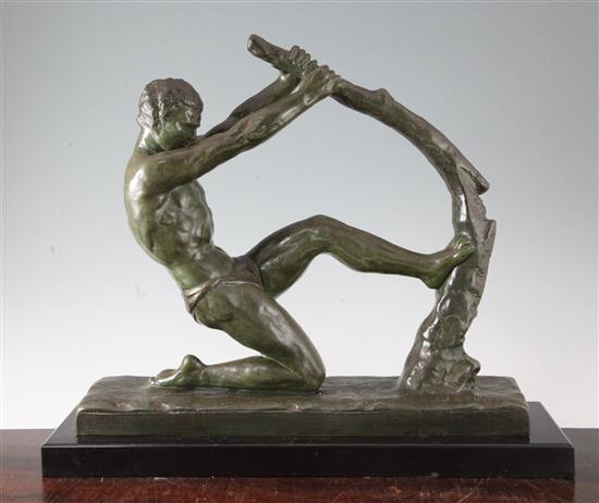 De Roncourt. A French Art Deco bronzed spelter model of an athlete pulling a tree, H.16in.